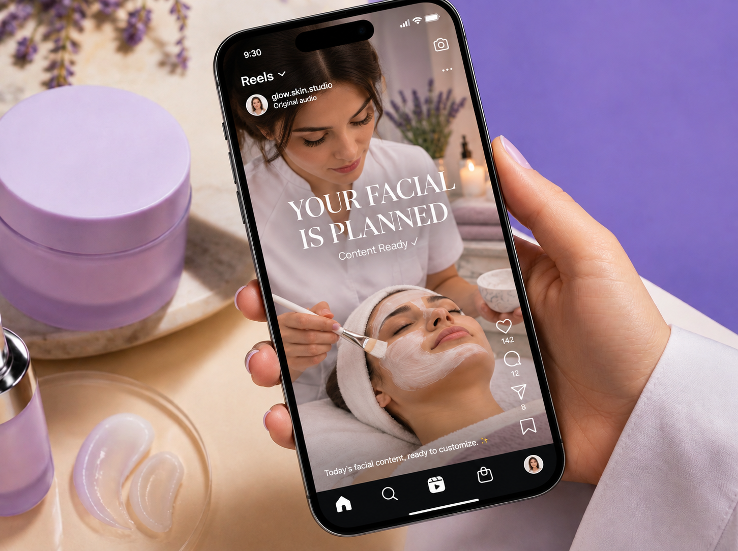 One hand holding a phone showing a ready-to-use esthetician facial post