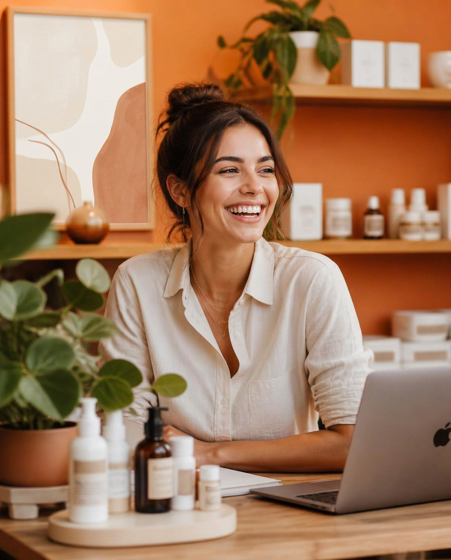 Solo skincare business owner laughing at her desk with a laptop and product shelves behind her