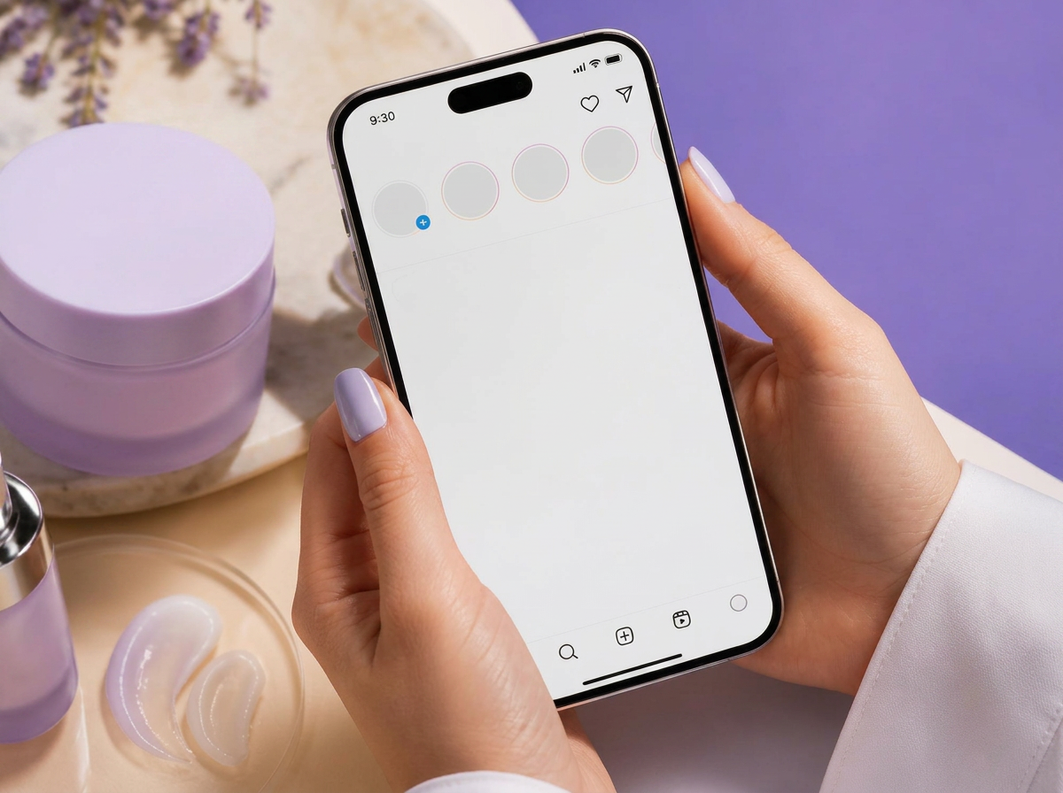 Skincare professional holding a phone showing an empty social media screen