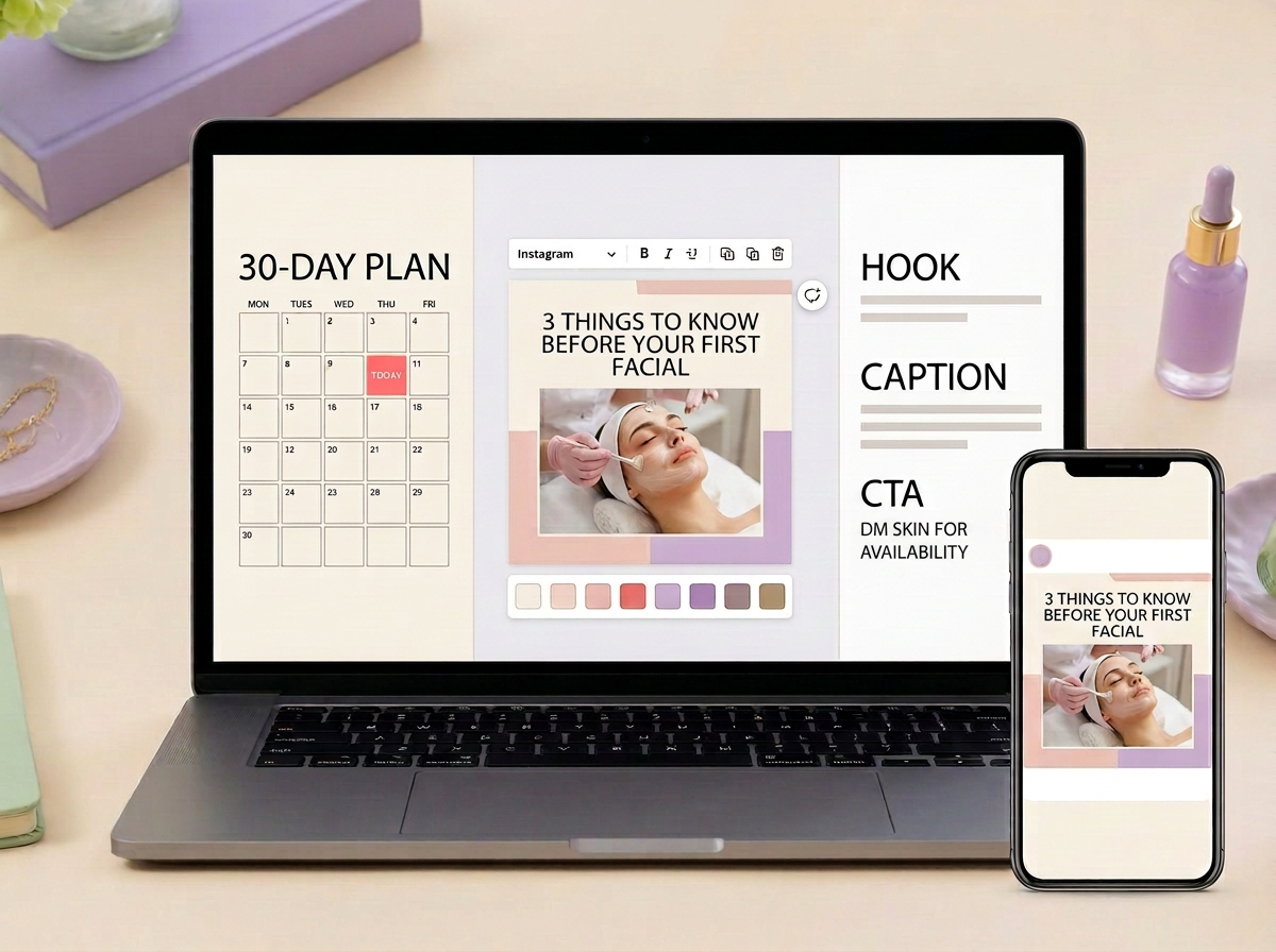 Overhead view of a laptop, phone and skincare products on a cream desk while editing content